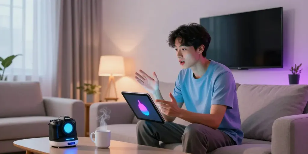 Engaging interaction on crushon.ai with an animated AI character in a cozy modern living room setting.