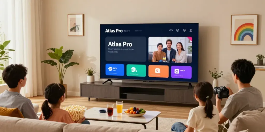 Télévision affichant Atlas Pro ONTV dans un salon accueillant avec une famille profitant d'une soirée cinéma.