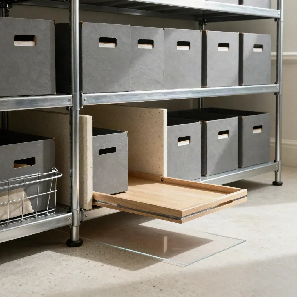 Système de rangement modulaire compact sur travertin, boîtes gris ardoise et allée dégagée.