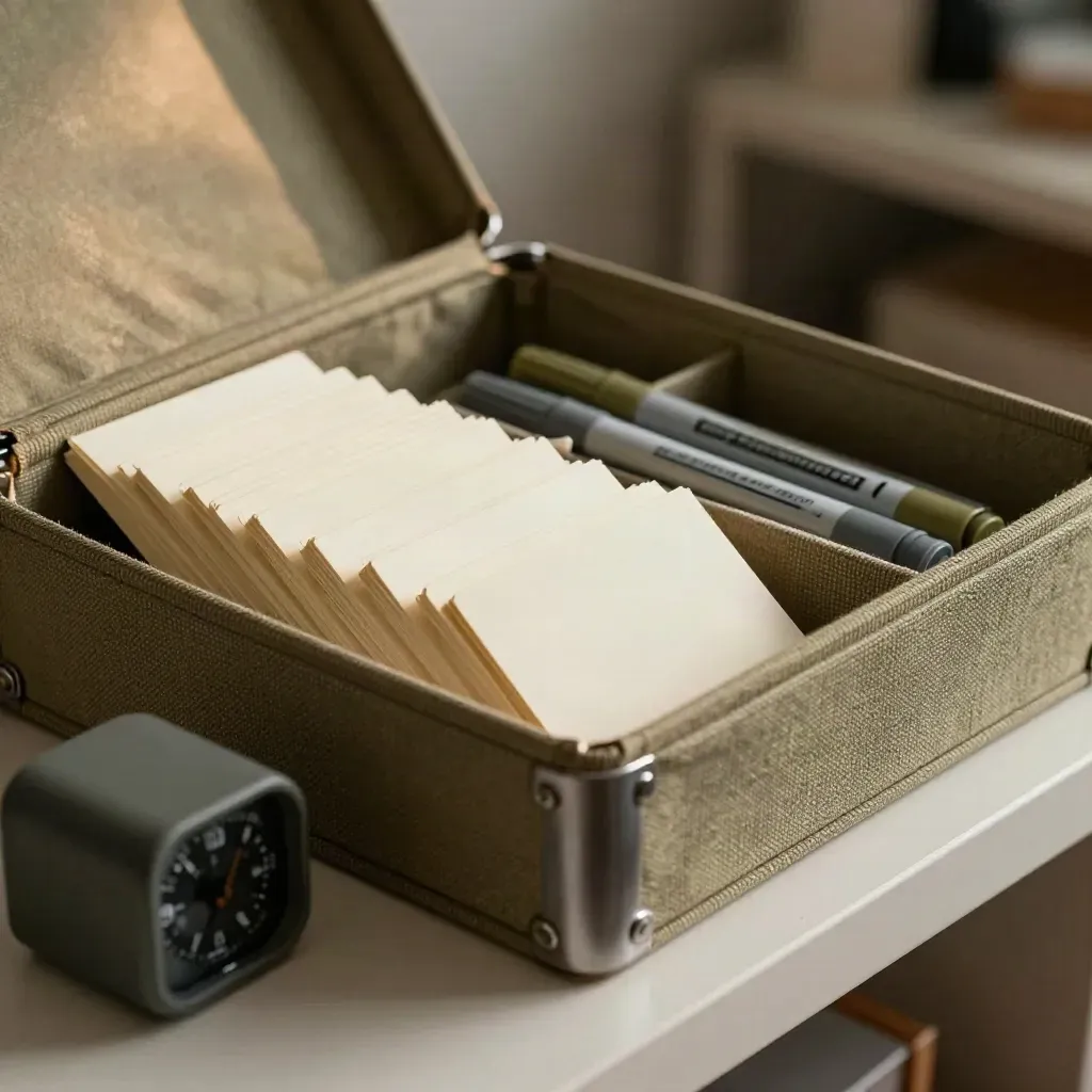 Kit d’atelier d’équipe ouvert avec cartes vierges, feutres caps et minuteur, lumière dramatique.