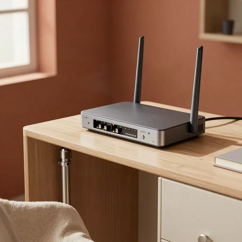 Routeur compact, câbles gainés et modules lumineux sur un meuble en chêne, lumière douce.