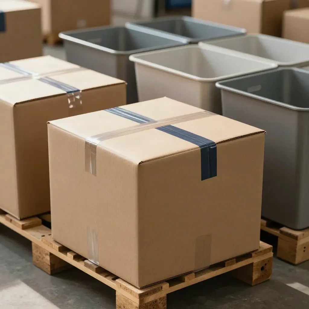 Zone d’expédition impeccable avec cartons scellés et bacs de tri alignés, prêts au départ.