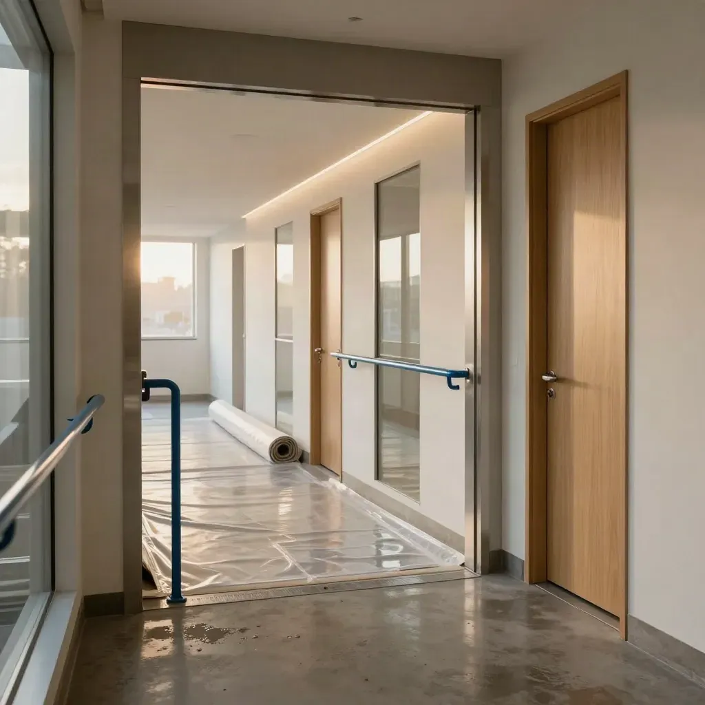 Couloir tertiaire fini, sols nets, éclairages en place et bâches retirées.