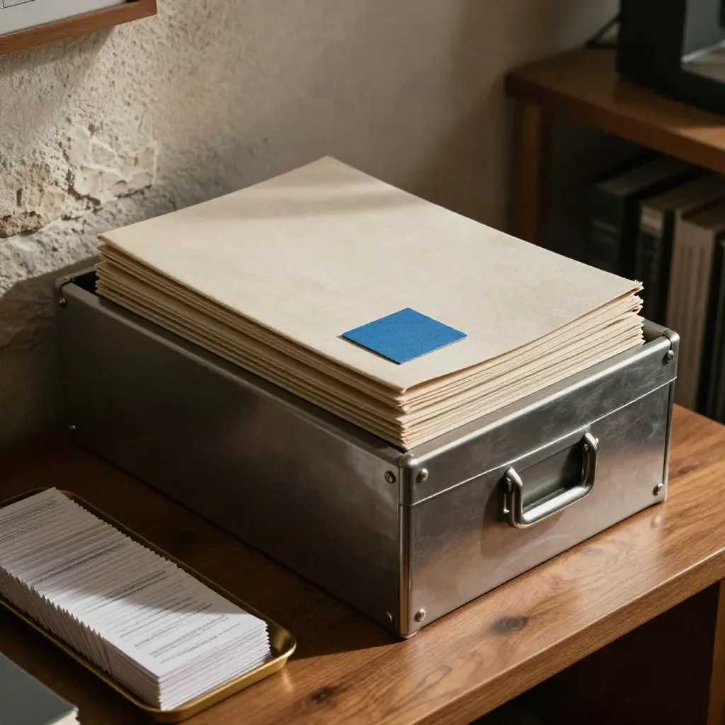 Coin de bureau de suivi avec dossiers fermés, boîte d’archives et pastilles de statut.