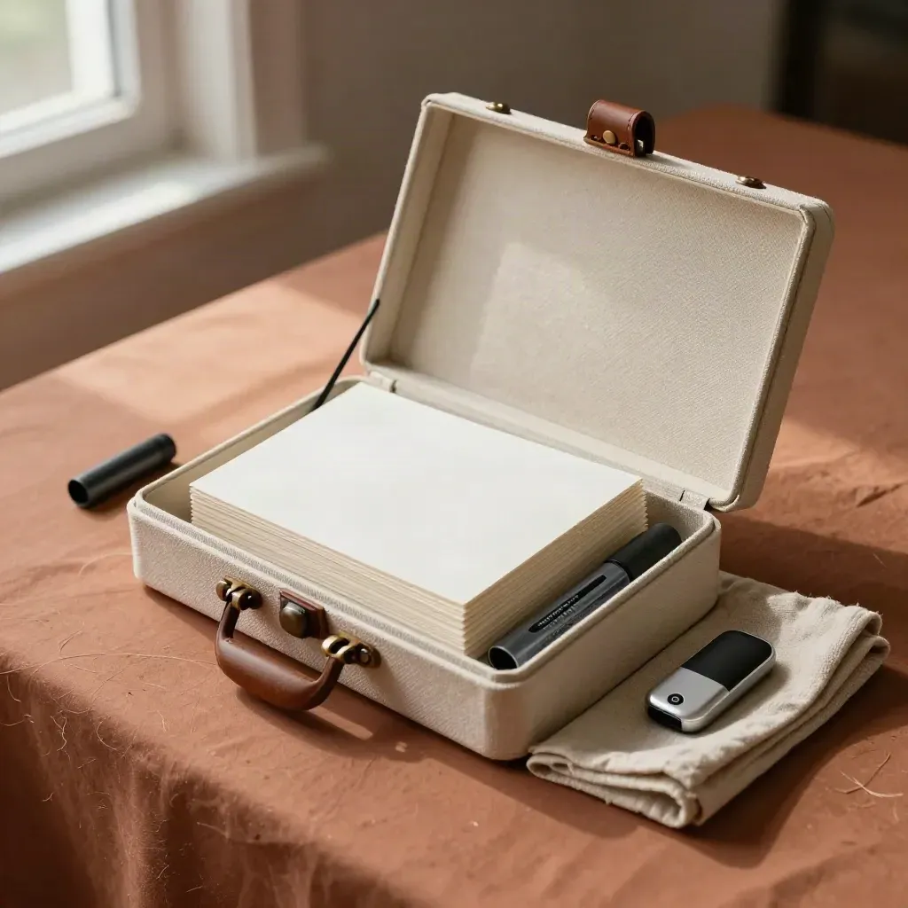 Boîte d’atelier ouverte avec cartes vierges, marqueurs et clicker de présentation.