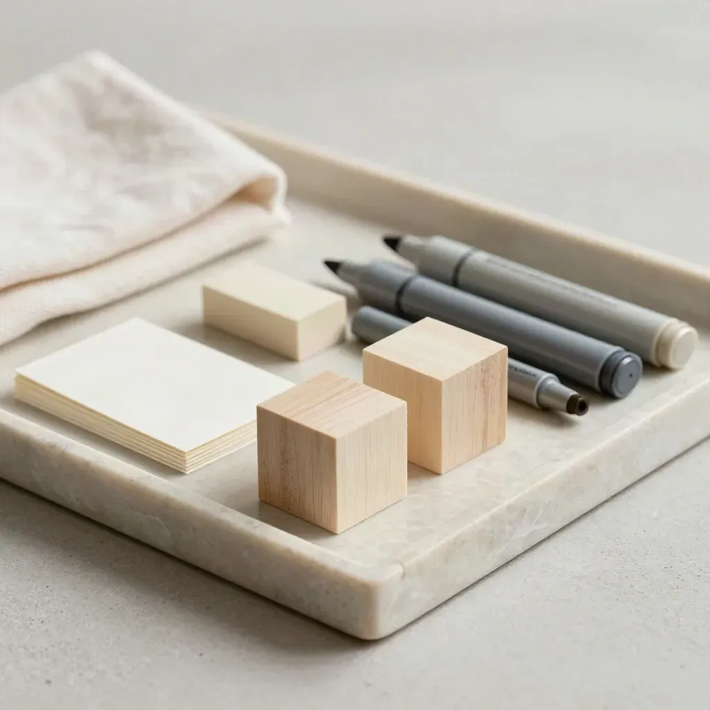 Cube en bois, cartes vierges et marqueurs sur un plateau en pierre claire, lumière douce.
