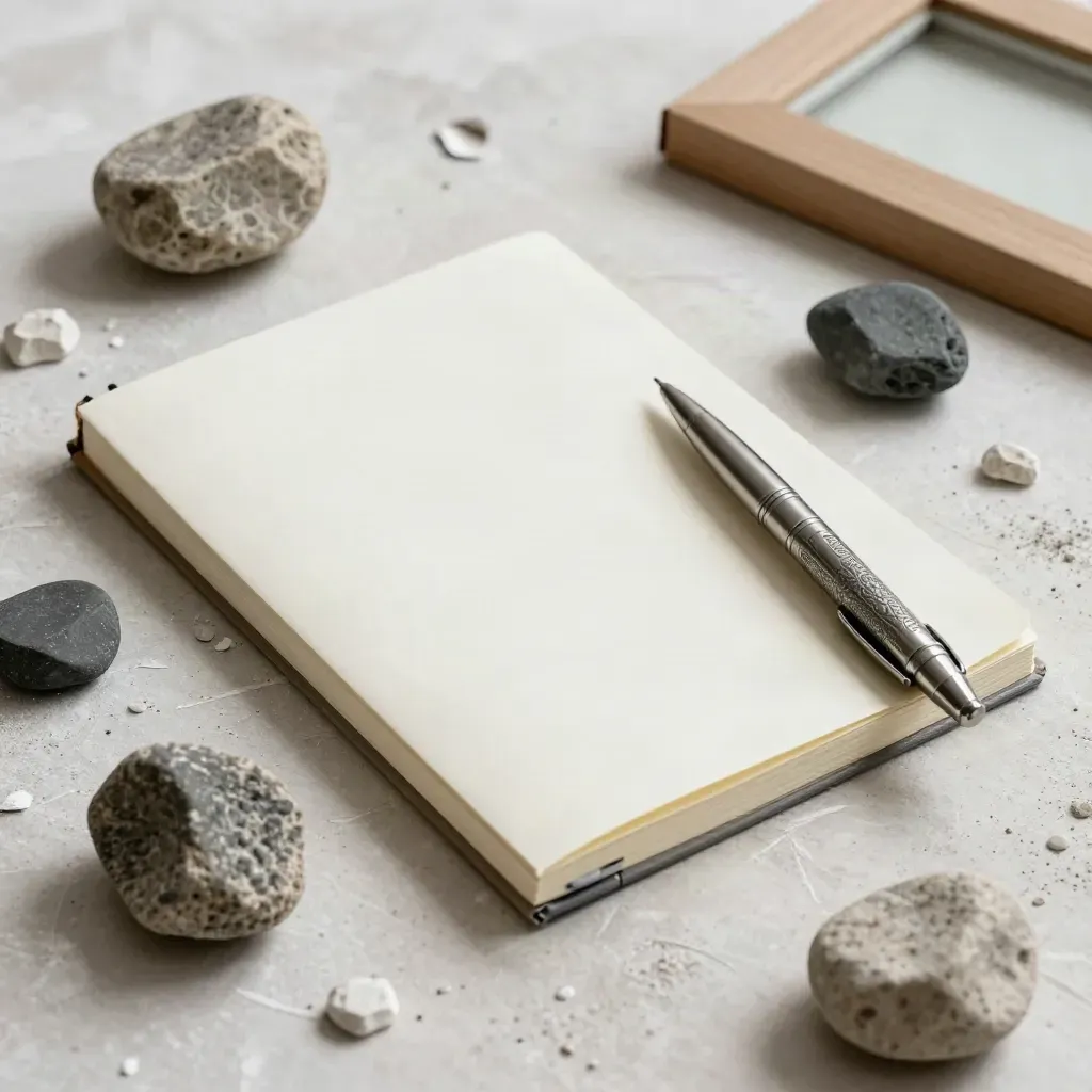 Carnet fermé, pierre ardoise et stylo métal sur fond clair, lumière douce latérale.