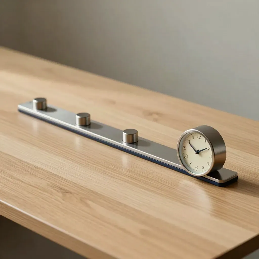 Rail de repères, horloge et pastilles métalliques sur bois clair, ambiance bureau feutrée.