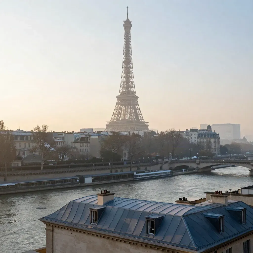 Paris à l’aube, tour Eiffel dans la brume, toits de zinc et Seine calme.