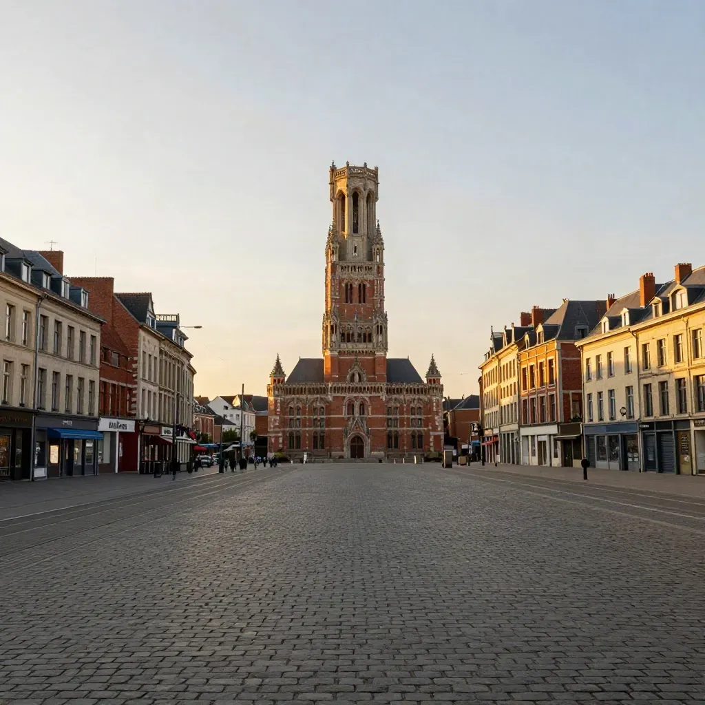 Vue dorée de Lille avec beffroi, toits de brique et place calme sous une brume chaude.