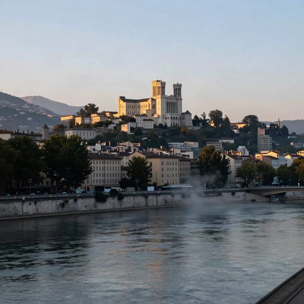 Lyon au bord du Rhône avec Fourvière en hauteur et brume du soir.